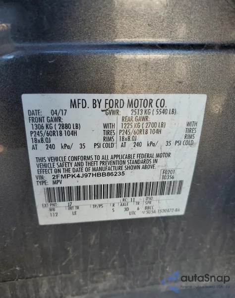 2017 Ford Edge Sel z USA, uszkodzony, nr VIN 2FMPK4J97HBB86235